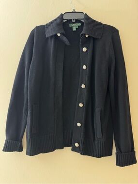 Ralph Lauren Black Knit Button-Up Cardigan Jacket 100% Cotton Vintage